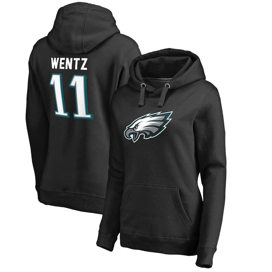 Women Philadelphia Eagles 11 Carson Wentz NFL Pro Line by Fanatics Branded Black Player Icon Name & Number Pullover Hoodie